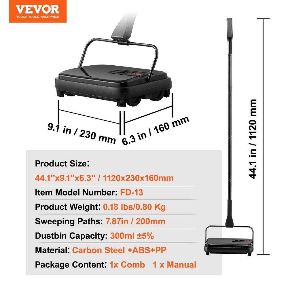 VEVOR Carpet Sweeper 7.87in Path Manual 300ml Capacity for Home Office Rugs Hardwood