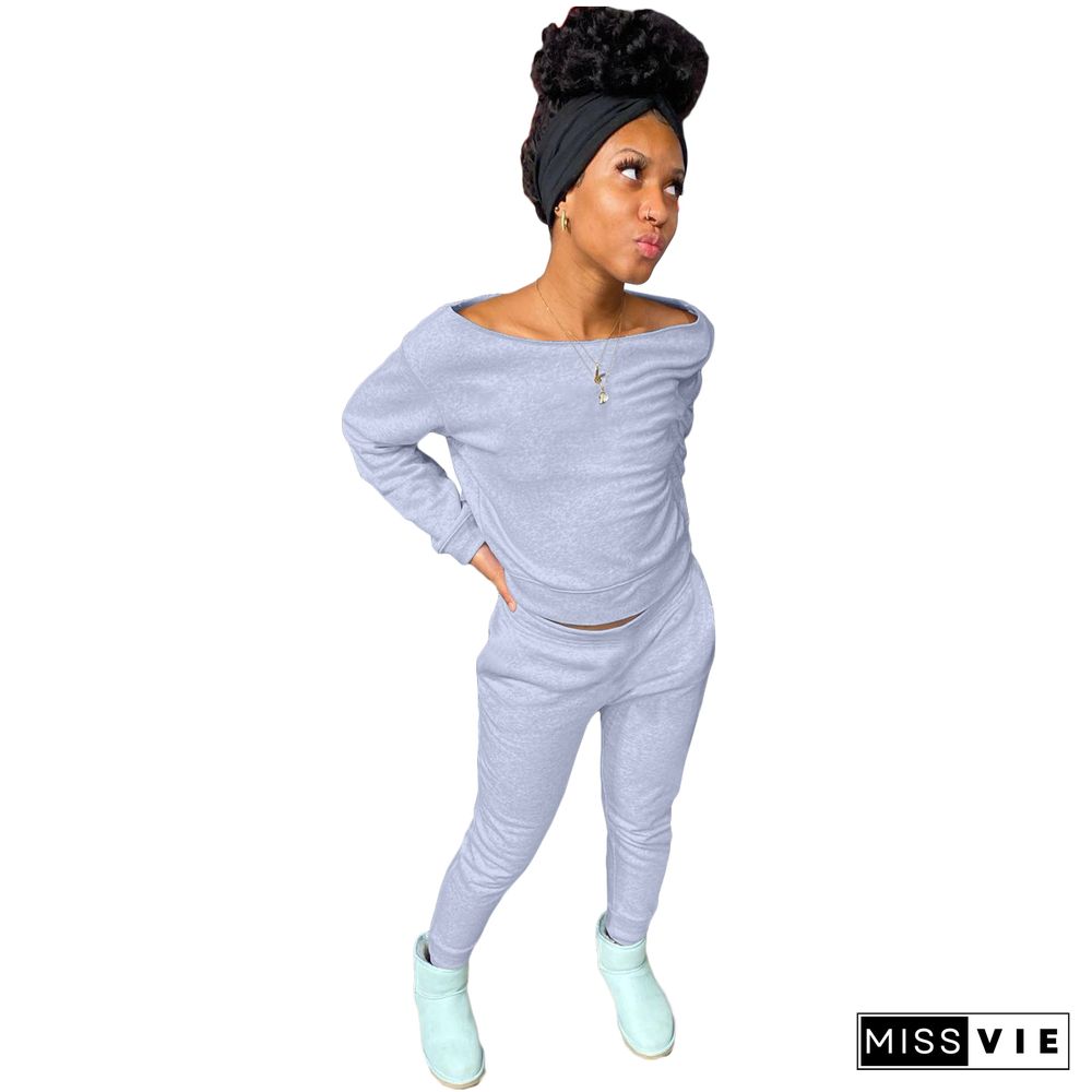 Solid Off Shoulder Long Sleeve T Shirt And Pants Set