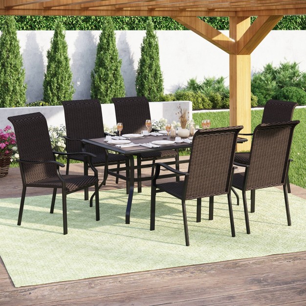 7pc Patio Dining Set With Rattan Arm Chairs amp Rectangle Plastic Tabletop Table Captiva Designs