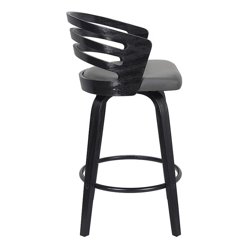 26 Inch Wooden and Leatherette Swivel Barstool， Gray and Black