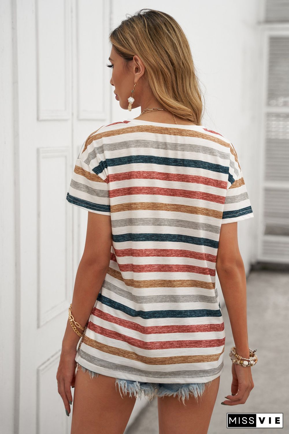 Multicolor Stripes V Neck T-shirt