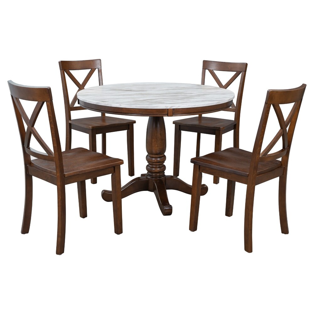 5 Piece Round Dining Table Set for 4 with Drop Leaf   4 Padded Chairs