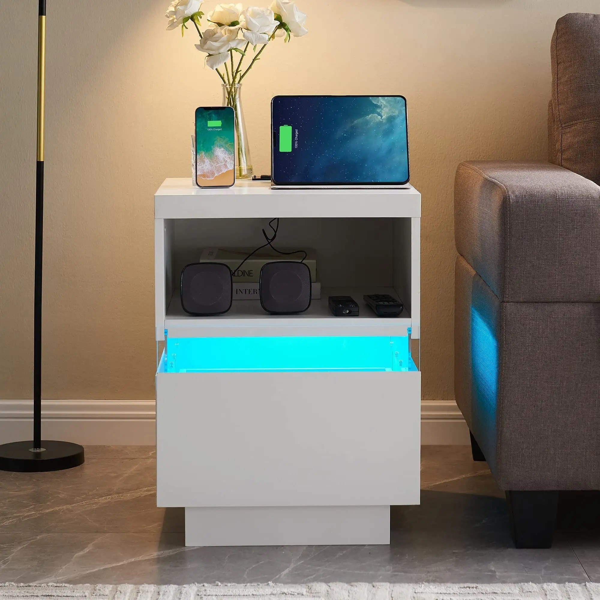LED Nightstand with Charging Station for Bedroom Modern Side Table with Open Display Shelf and Storage Sliding Drawer