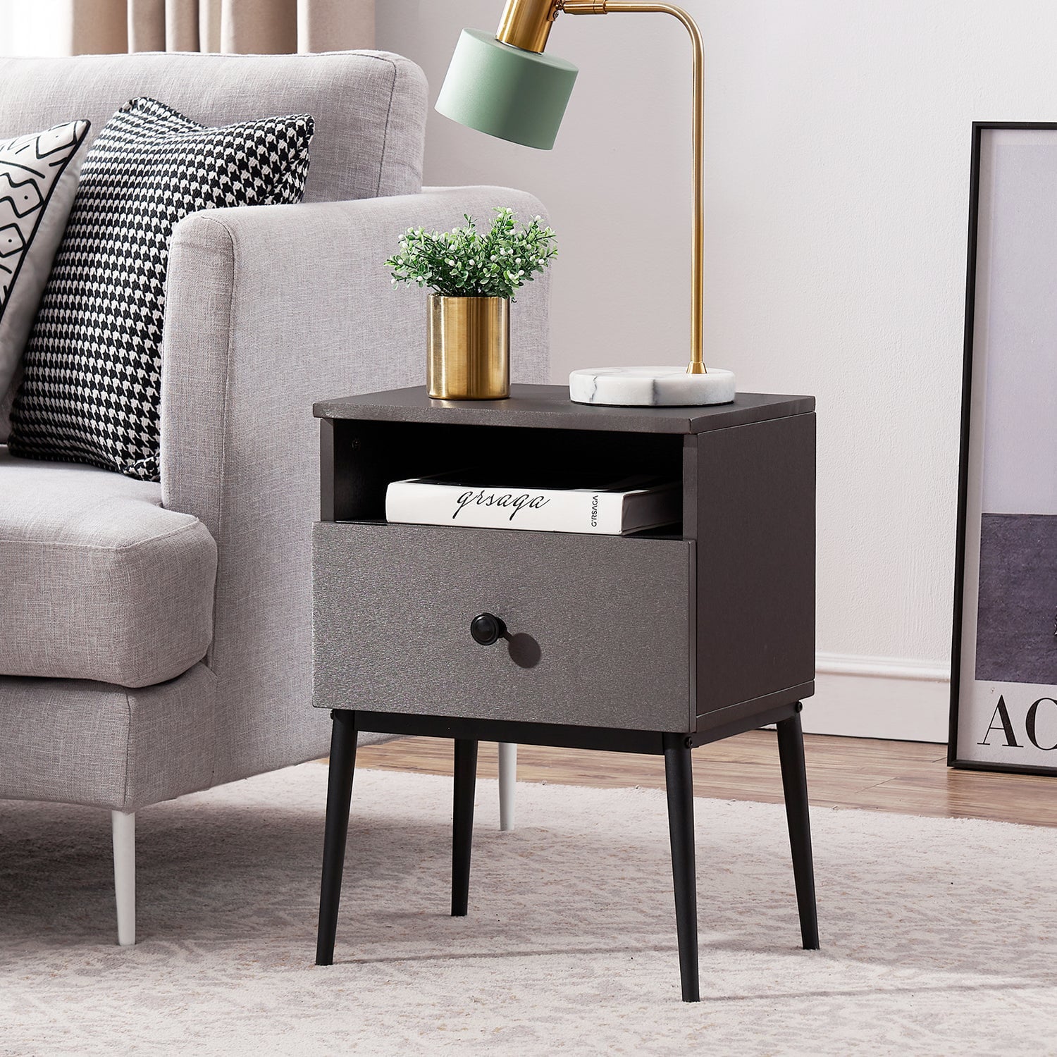 VECELO Mid-Century Nightstand with Drawer, Modern Side End Table with Cubby Space for Bedroom/Living Room/Office, Gray