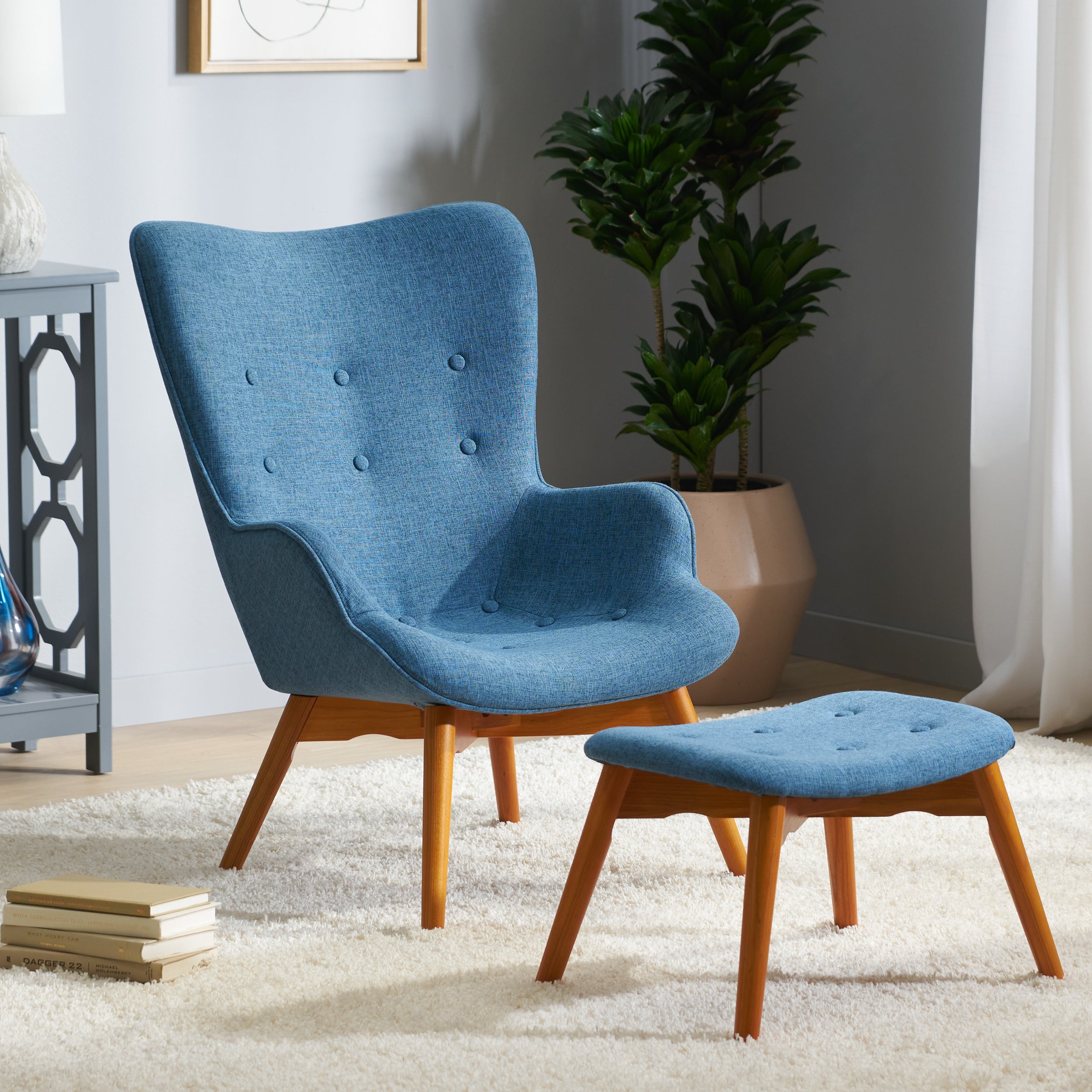 Acantha Mid-Century Modern Wingback Fabric Chair and Ottoman Set