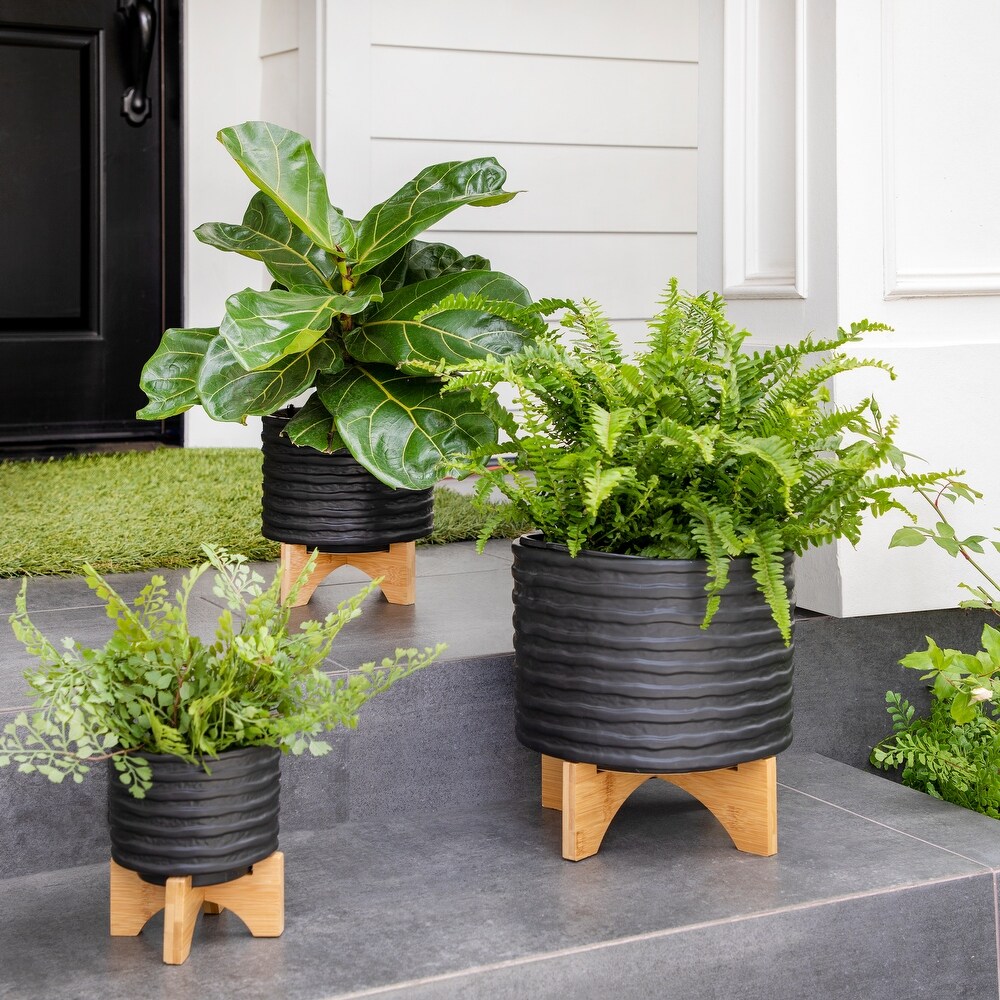 Black Ceramic Handmade Planter with Bamboo Wood Stand   8.0\