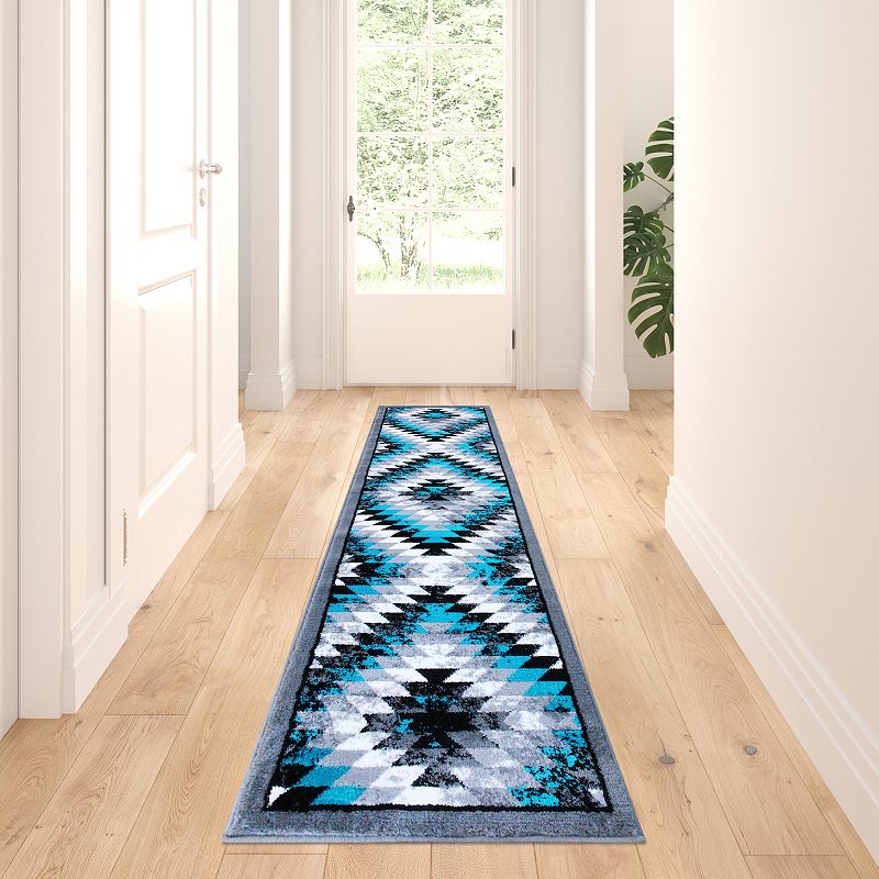 Masada Rugs Masada Rugs Stephanie Collection 2'x7' Area Rug Runner with Distressed Southwest Native American Design 1106 in Turquoise， Gray， Black and White