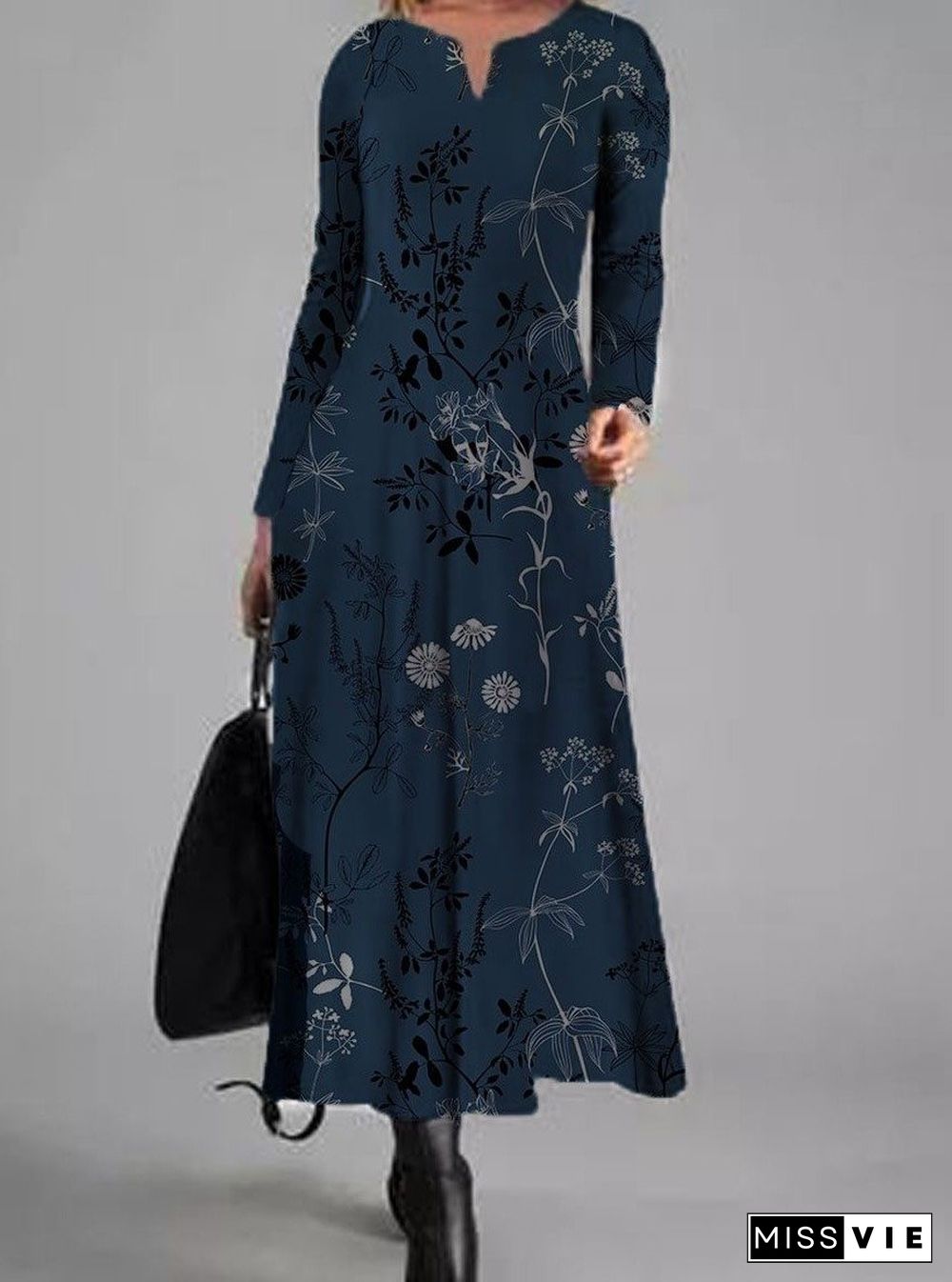 Floral Print V-neck Long-sleeved Maxi Dress