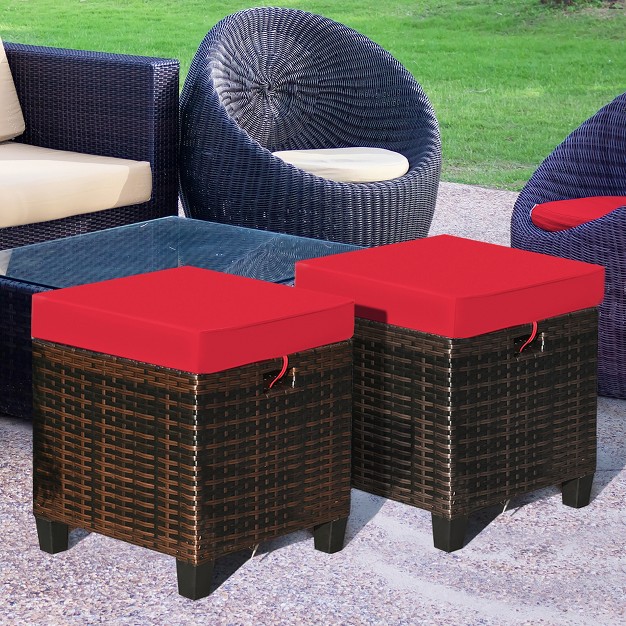 Costway 2pcs Patio Rattan Ottoman Cushioned Seat Foot Rest Coffee Table Red