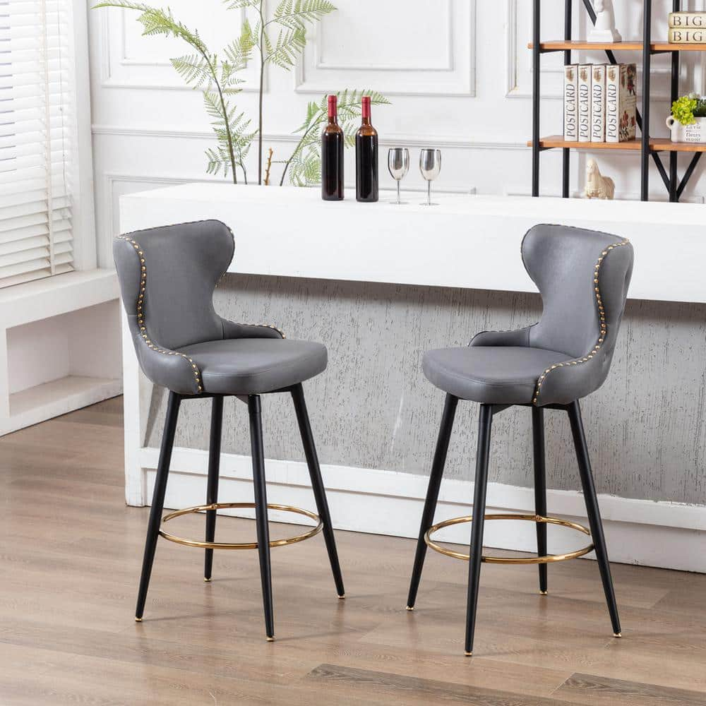 URTR 41.3in. H Modern Leather Fabric Side Bar Chairs, 180° Swivel, Gold Nailhead Trim Stools with Metal Legs, Set 2, Gray LHL-010CDG