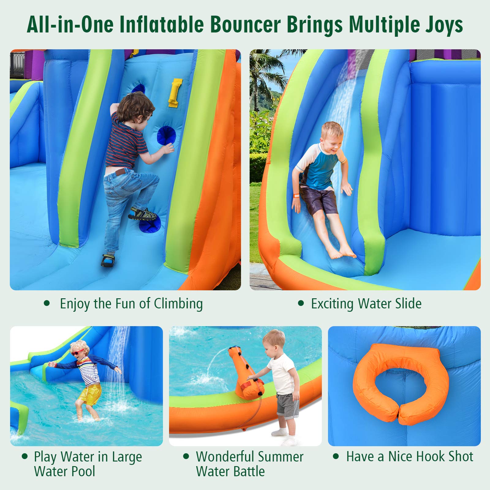 Costzon Inflatable Water Park, Double Long Giant Water Slide with/950W Air Blower