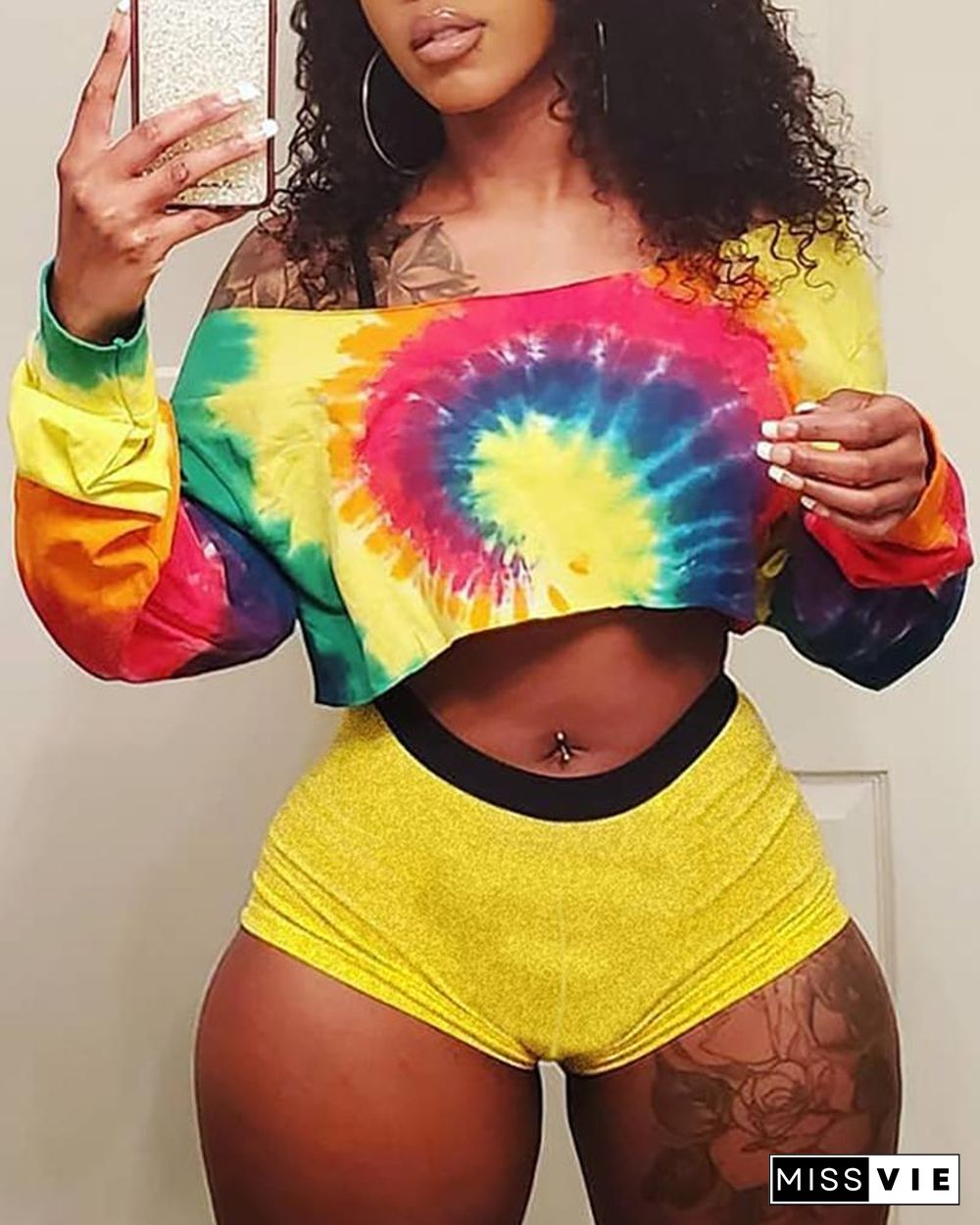 Tie Dye Print Off Shoulder Crop Top & Shorts Set