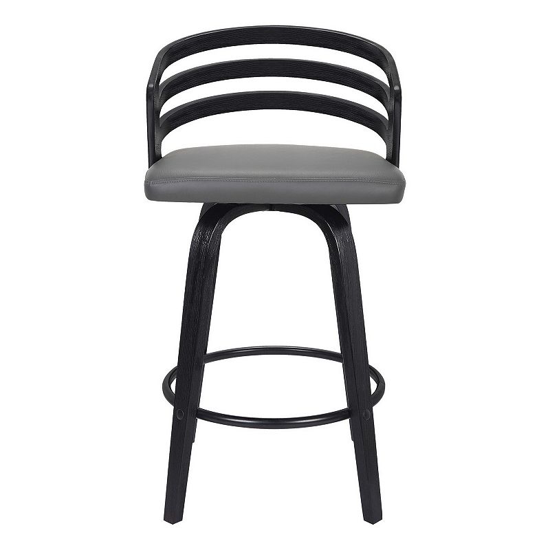 26 Inch Wooden and Leatherette Swivel Barstool， Gray and Black