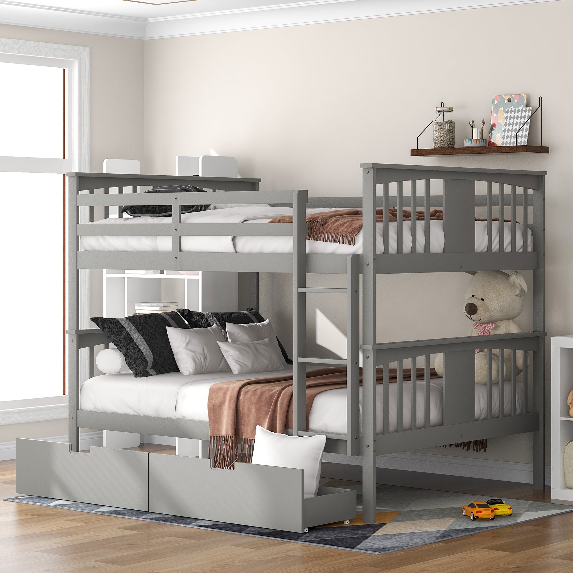 Churanty Full Over Full Bunk Bed with Drawers and Ladder, Solid Wood Bunk Bed with Storage for Bedroom, Guest Room Furniture,Gray