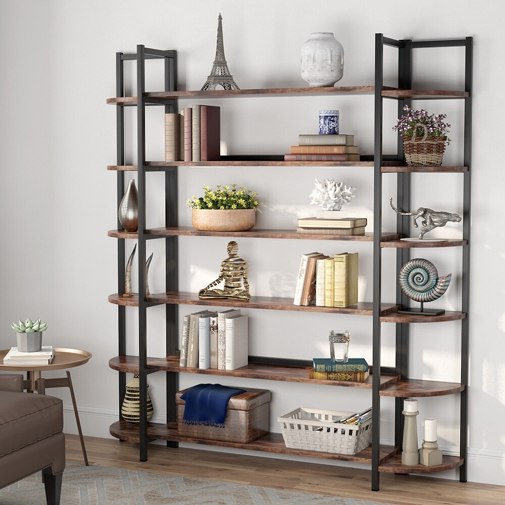 Modern Triple Wide 6 Shelf Bookcase Large Etagere Bookshelves and Double Wide Bookshelf Display Shelves