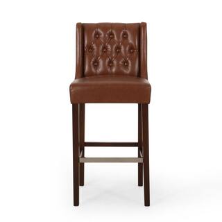 Noble House Bayliss 44.25 in. Cognac Brown High Back Wood Bar Height Foot Rest Bar Stool with Faux Leather Seat (Set of 2) 83320