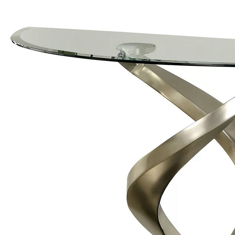 Sofa Table with Twisted Metal Base and Semi Circular Glass Top， Silver