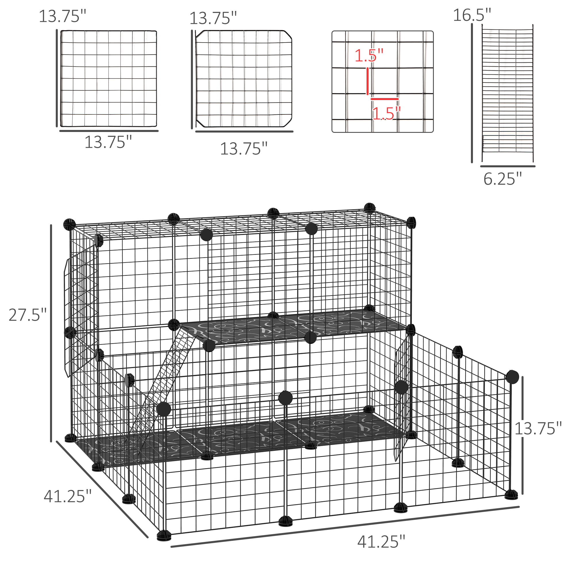 PawHut 2-Tier Foldable Metal Small Animal Playpen Pet Fence with Reshaping Customizable Design， Large Guinea Pig Cage， Bunny Rabbit Cage， and Chinchilla Cage， CandC Cage and Metal Playpen with Mats