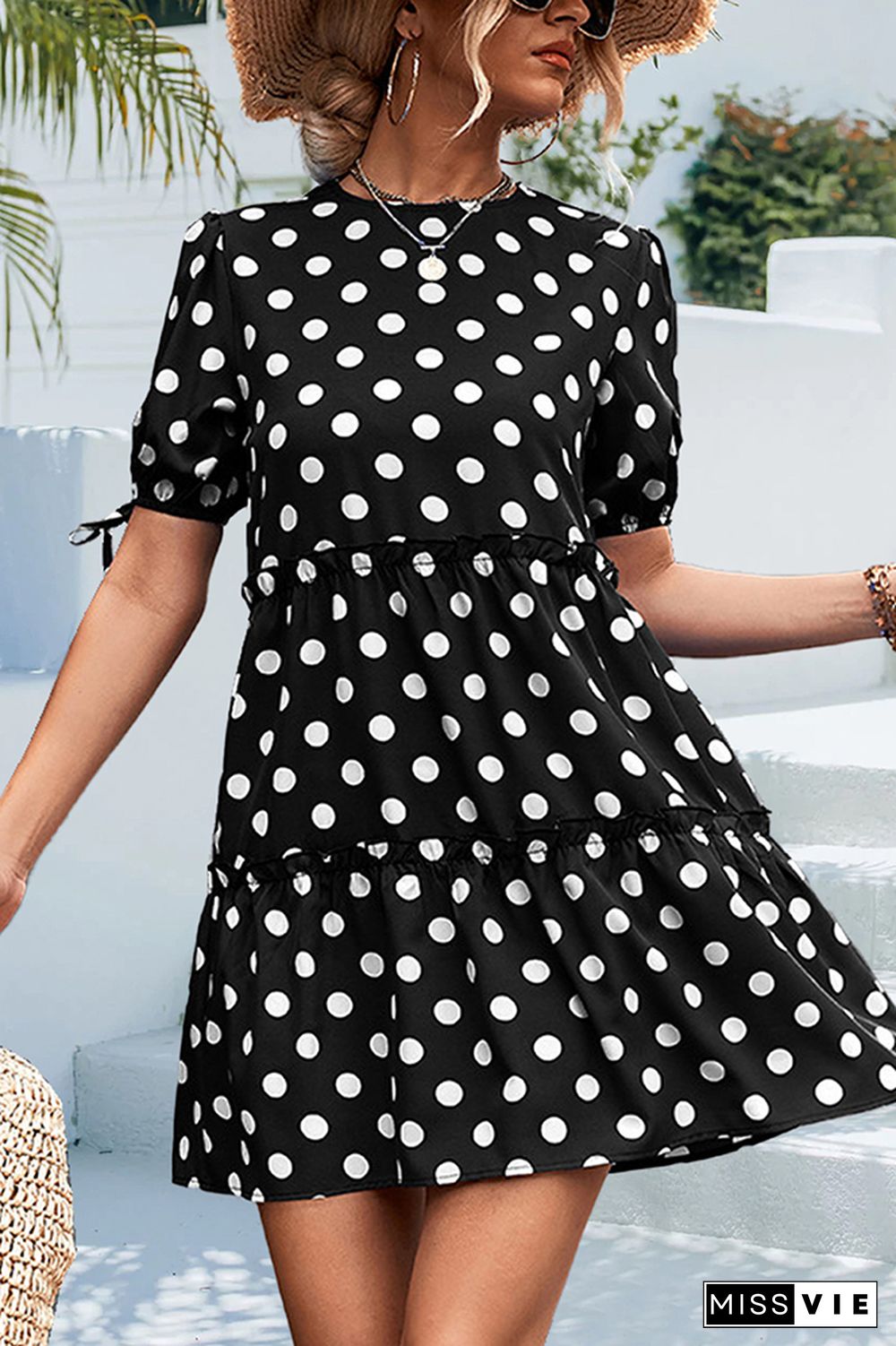 Polkadot Short Sleeves Splicing Ruffle Dress