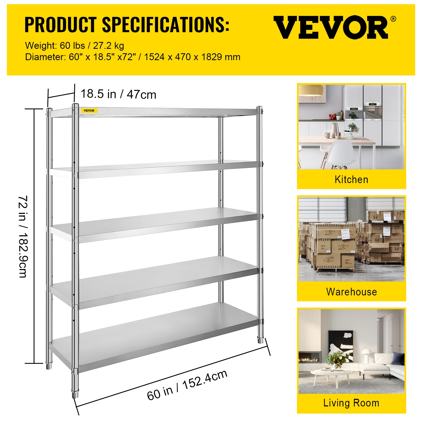 VEVOR Stainless Steel Shelving 60x18.5 inch 5 Tier Adjustable Shelf Storage Unit Stainless Steel Heavy Duty Shelving for Kitchen Commercial Office Garage Storage 330lb Per Shelf