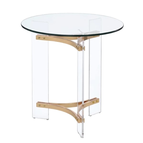 Hale 23 Inch Round End Table， Glass Top， Acrylic Legs， Clear， Gold