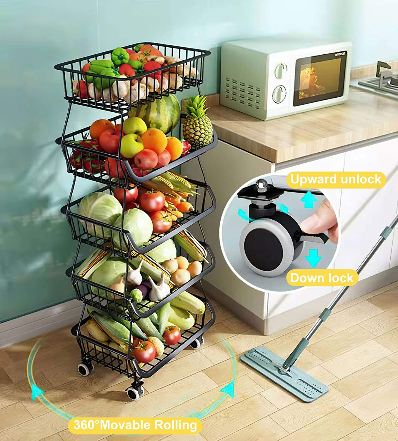 Fruit and Vegetable Basket， 5 Tier Metal Wire Stackable Kitchen Storage Rack for Kitchen， Bathroom， Pantry