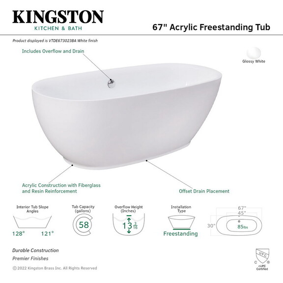 Kingston Brass VTDE673023BA Aqua Eden 67 Inch Acry...