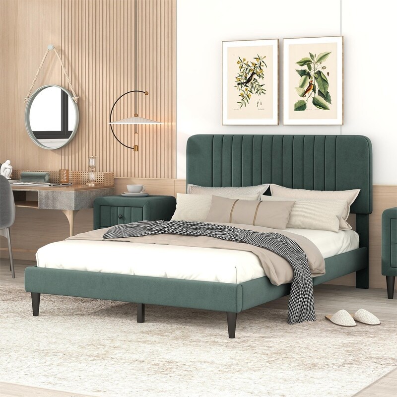 Elegant Upholstered Platform Bed  Green Velvet Fabric