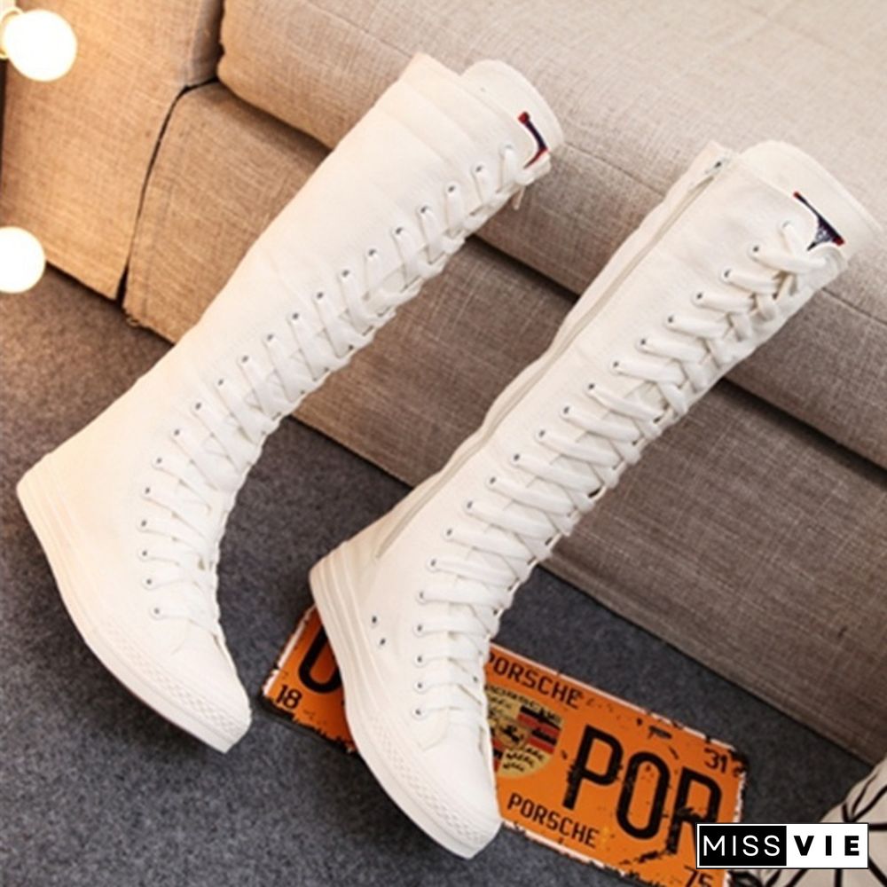 Women Motorcycle Flat Tall Punk Shoes Hot Sale Womens Knee High Boots Ladies Canvas Lace Up Zipper Boots Autumn Woman Shoe