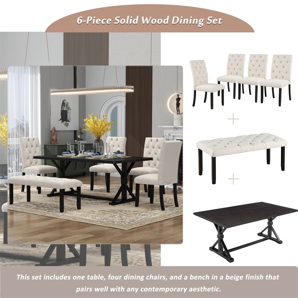 6 Piece Dining Table Set with Wood Table  4 Chairs and Bench