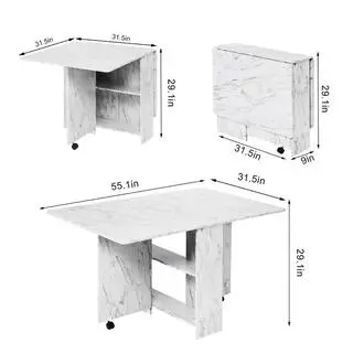 Dinaza 55.1 in. Rectangle White Marble Wood Folding Dining Table Drop Leaf Table with 2-Tier Racks with Wheels (Seats 6)