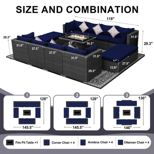 Nicesoul Outdoor Grey Wicker Sectional Furniture Patio Sofa Set with Firepit Table