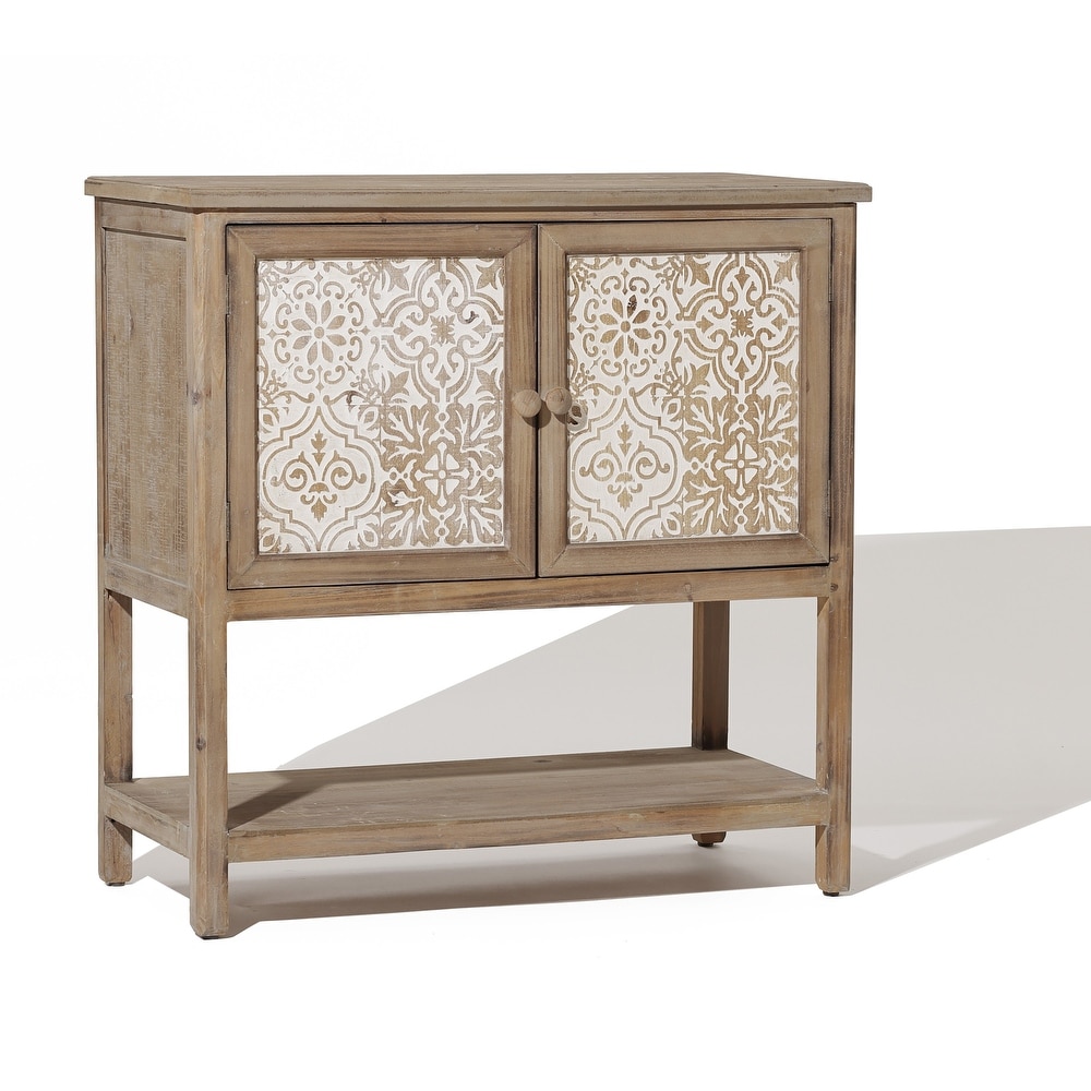 Rustic Natural Wood 2 Door Floral Storage Cabinet