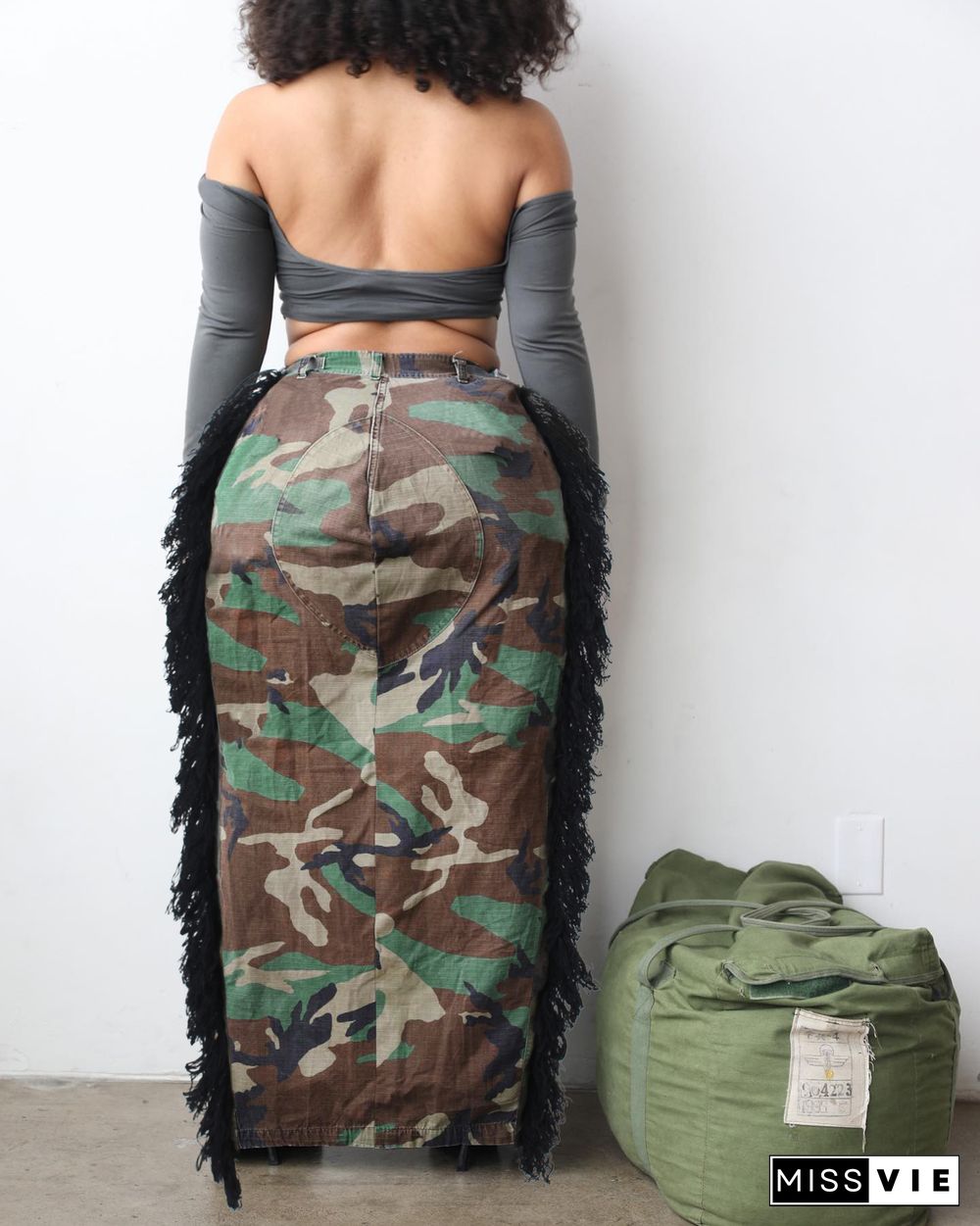 Camo Print Streetwear Tassel Side High Slit Skirt