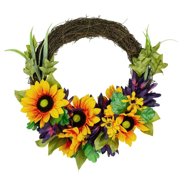 Northlight Sunflower And Mum Twig Autumn Artificial Floral Wreath 20 inch