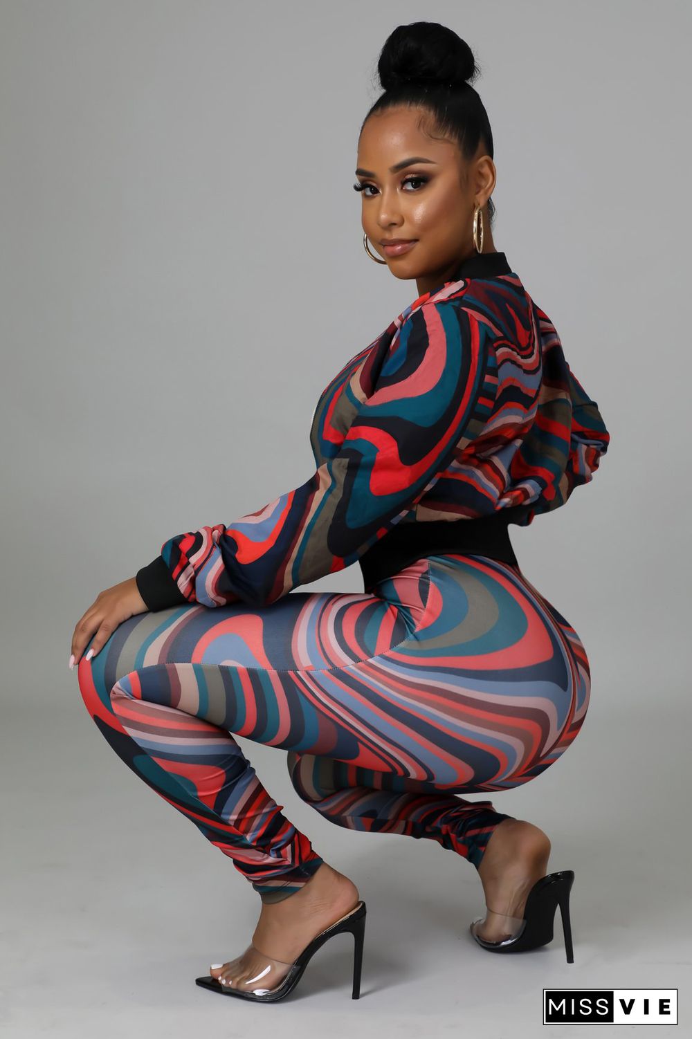 Printed Long Sleeve Zipper Jacket And Pant Suits