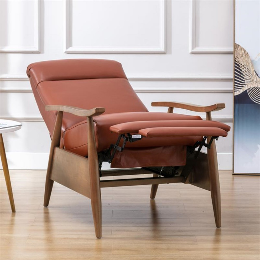 Bowery Hill Mid Century Leather/Wood Arm Push Back Recliner in Caramel   Midcentury   Recliner Chairs   by Homesquare  Houzz