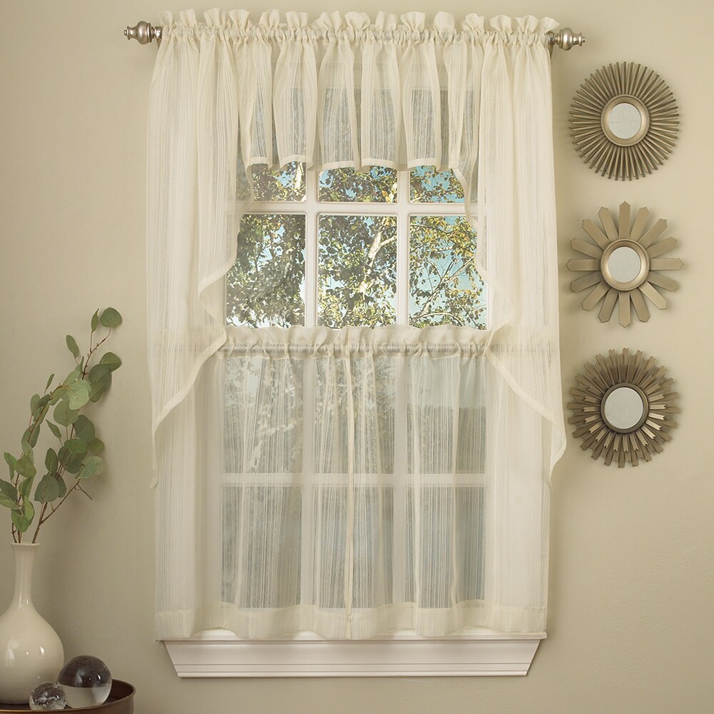 Ivory Micro Striped Semi Sheer Window Curtain Pieces   Tiers  Valance and Swag Options