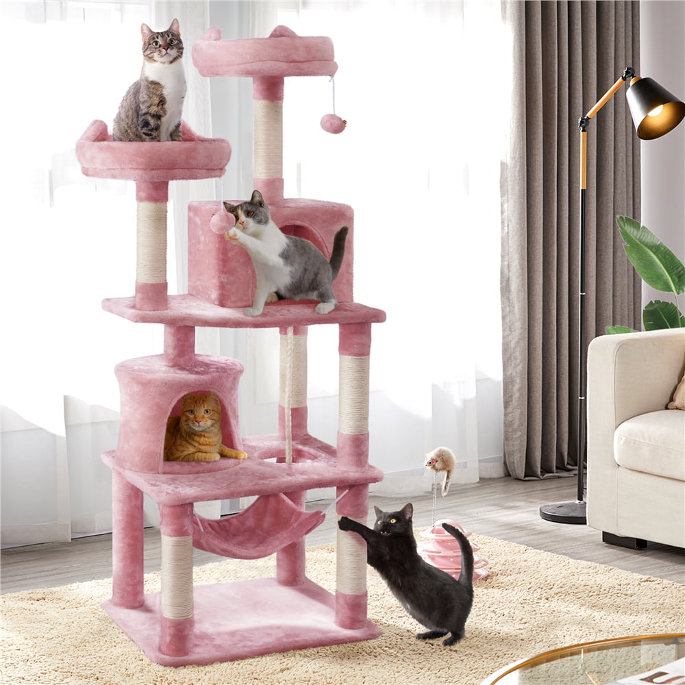 SMILE MART 62.2" Double Condos Cat Tree and Scratching Post Tower, Pink