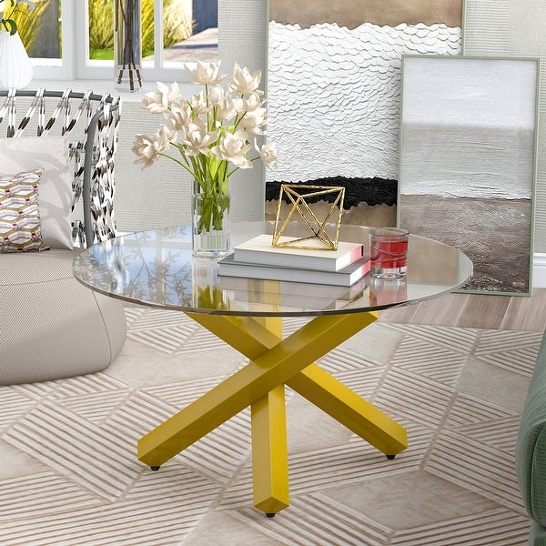 3 legs Simple and Modern Style Coffee Table with Tempered Glass Tabletop and Steel Pipes with Adjustable Plastic Pads