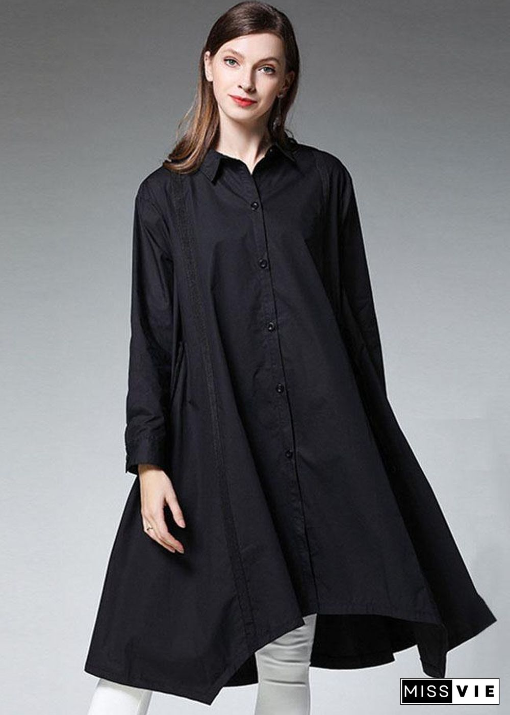 Plus Size Black Pockets Asymmetrical Design Fall Cotton Long Shirts Long sleeve