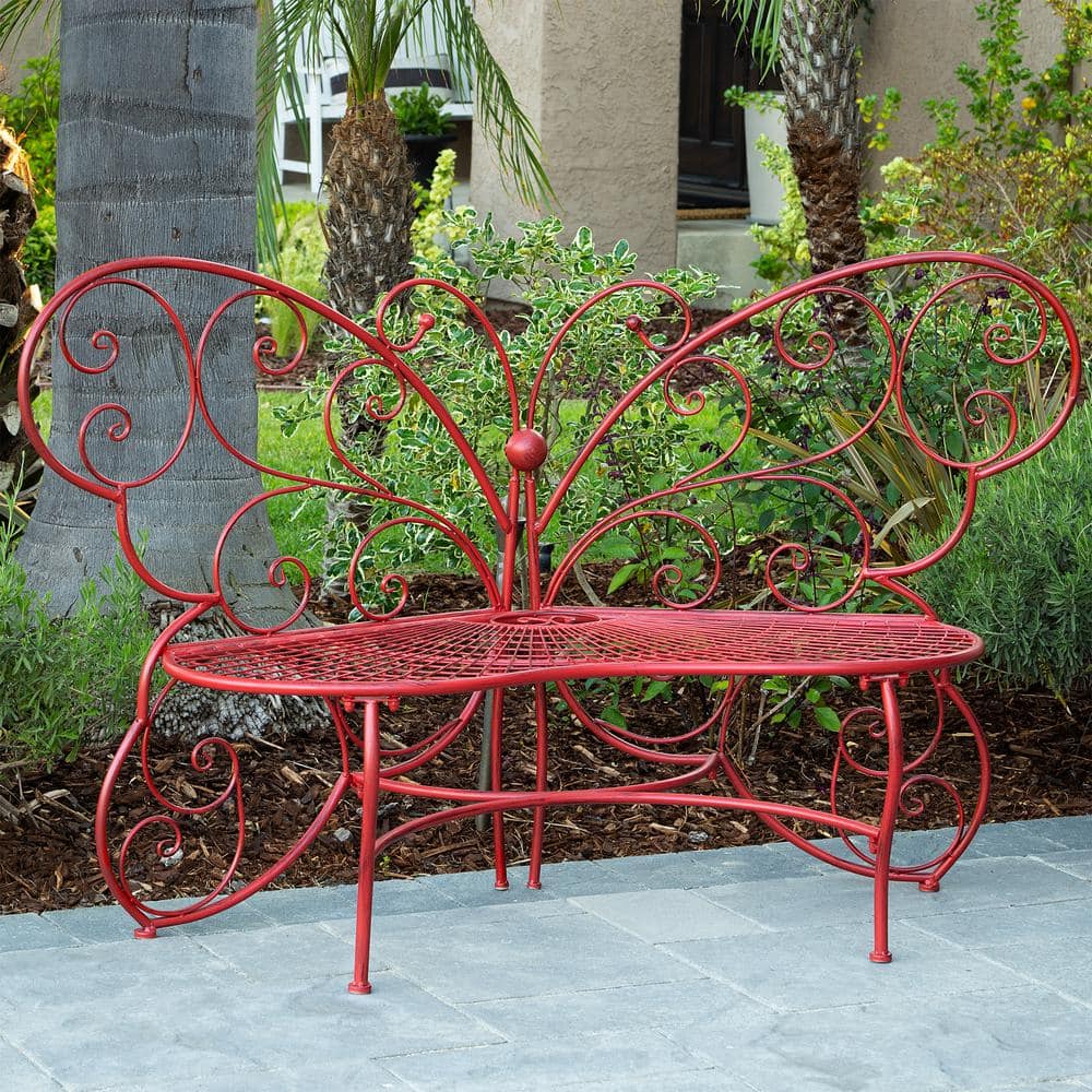 Alpine Corporation 61 in. x 26 in. Outdoor 2 Person Metal Butterfly Shaped Garden Bench, Red BAZ400RD