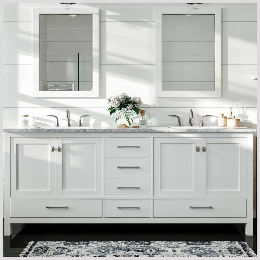 Eviva Aberdeen 84 in W x 22 in D x 34 in H Double Bath Vanity in White with White Carrara Marble Top with White Sink