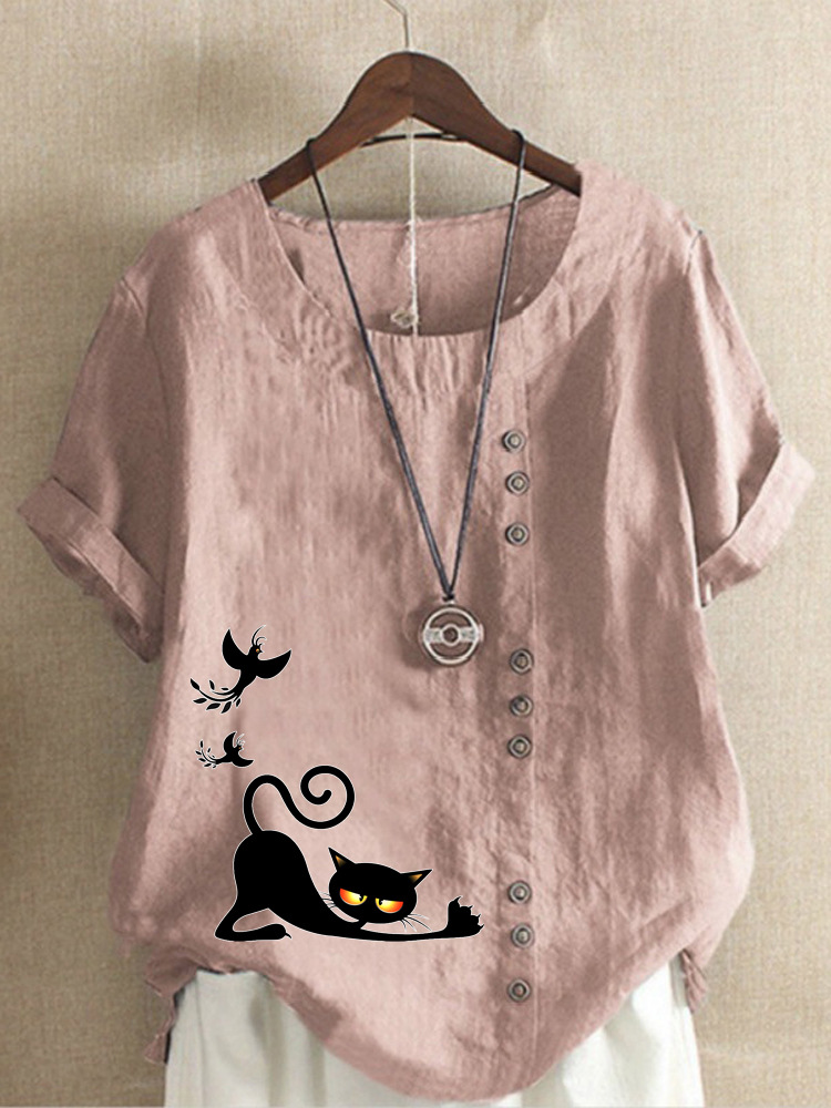 Round Neck Casual Loose Cat Print Short Sleeve Blouse