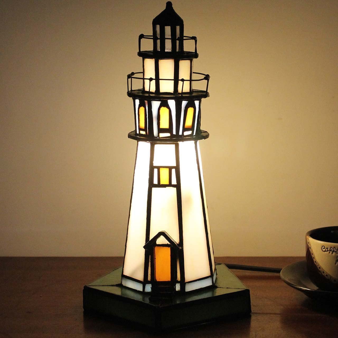 SHADY L10221 Lighthouse 10 inch Tiffany Style Stained Glass Accent Table Lamp  Night Light