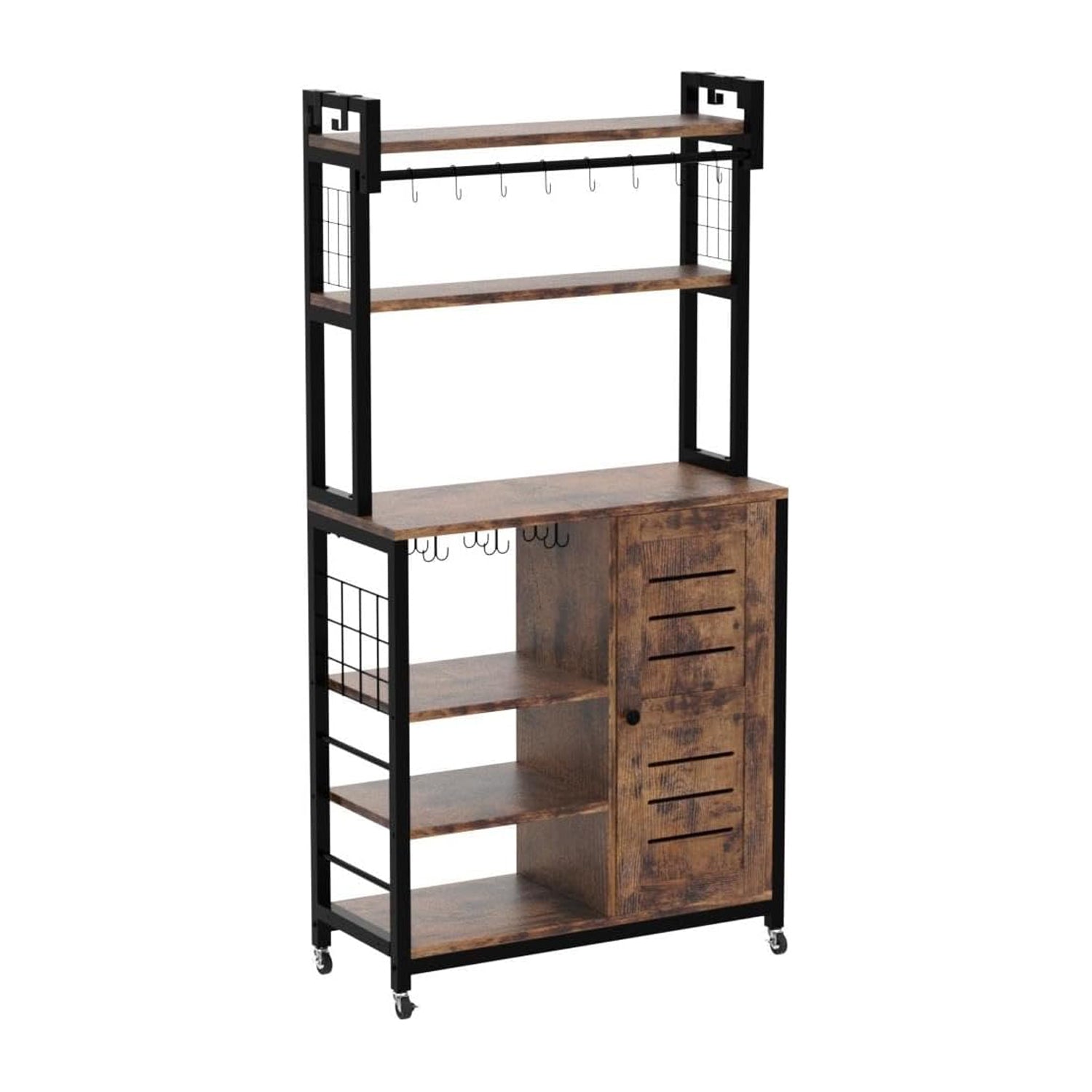 Bakers Rack Microwave Stand Coffee Station Kitchen Storage with Power Outlets, Wheels & Feet, Cabinets, and 10 S-Hooks