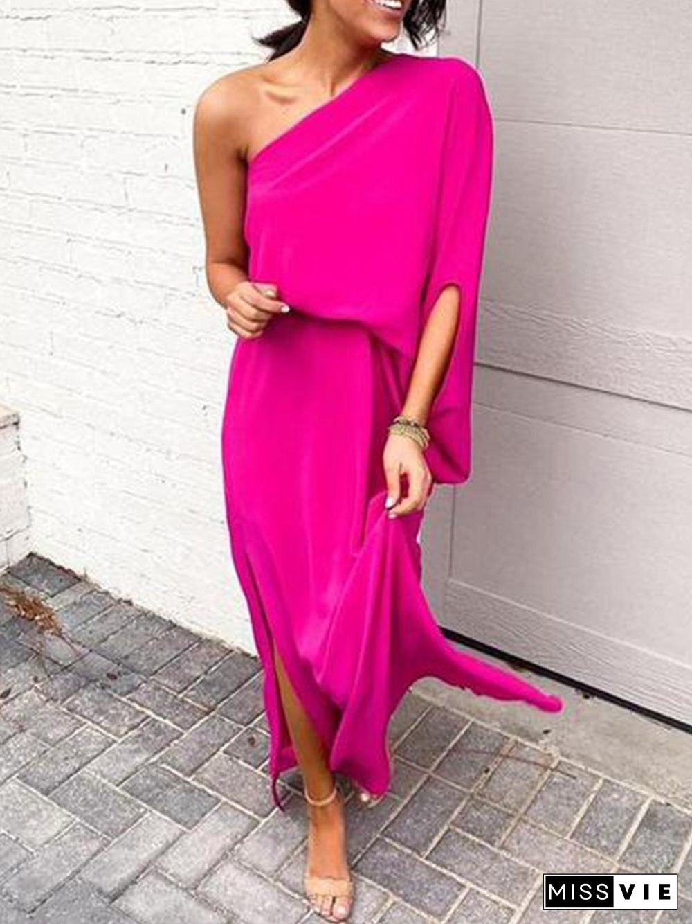 One-shoulder Bat Sleeve Loose Maxi Dress P13786