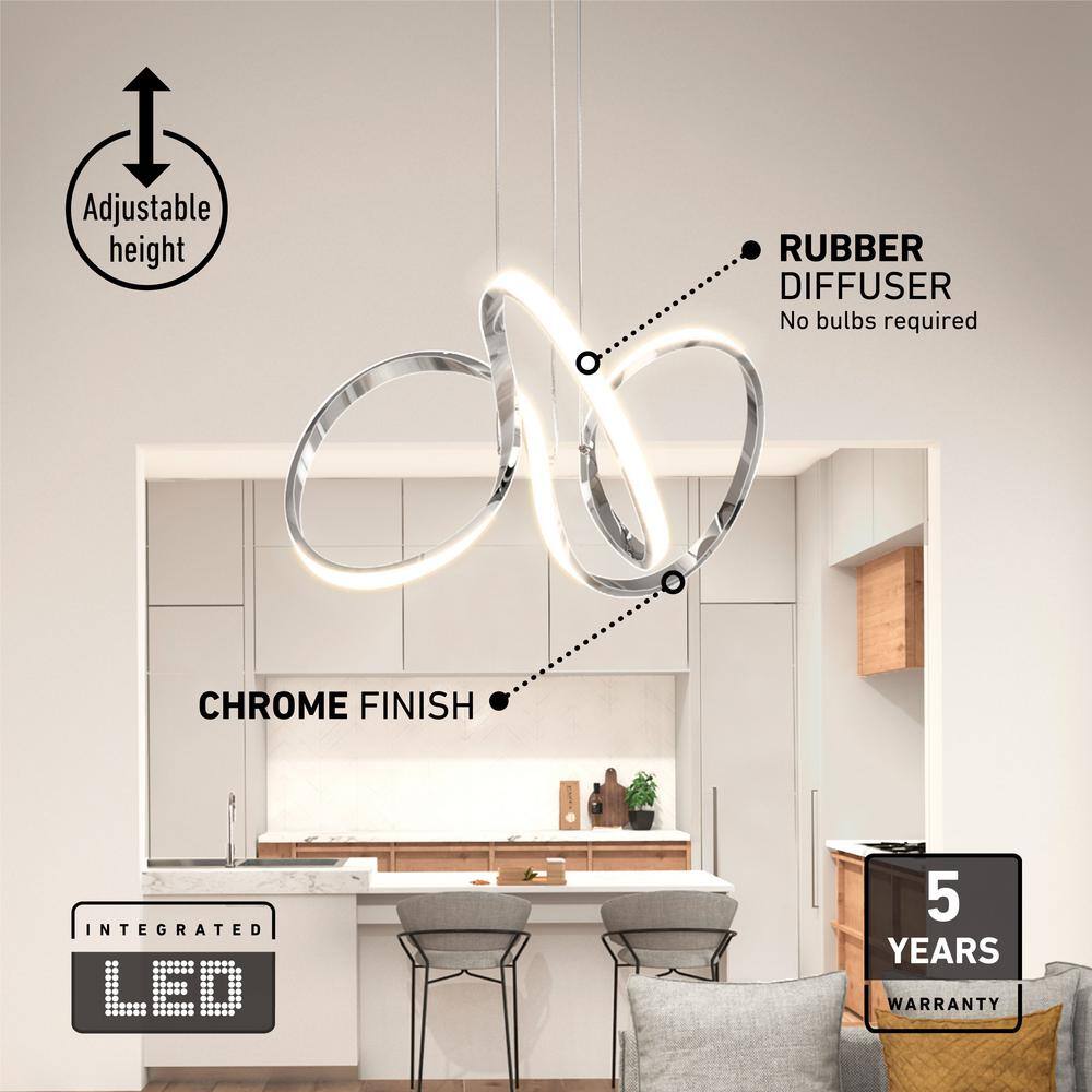 Artika Swirl 30-Watt Integrated LED Chrome Modern Hanging Pendant Chandelier Light Fixture for Dining Room or Kitchen Island PDT-SWR