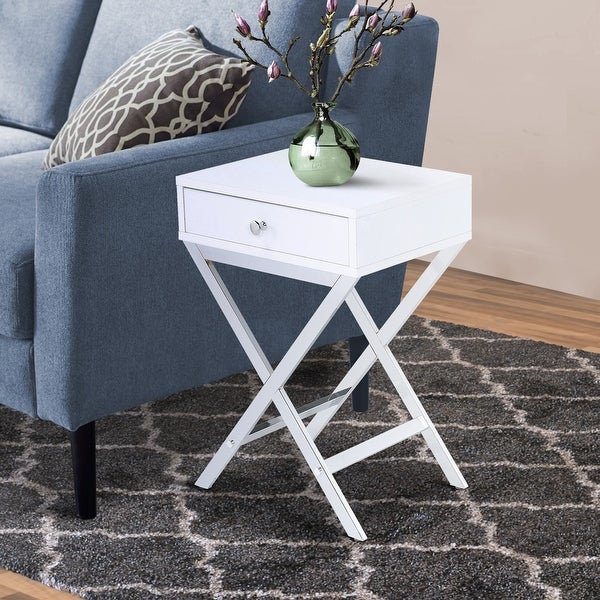 Wood and Metal Side Table with Crossed Base， White and Silver