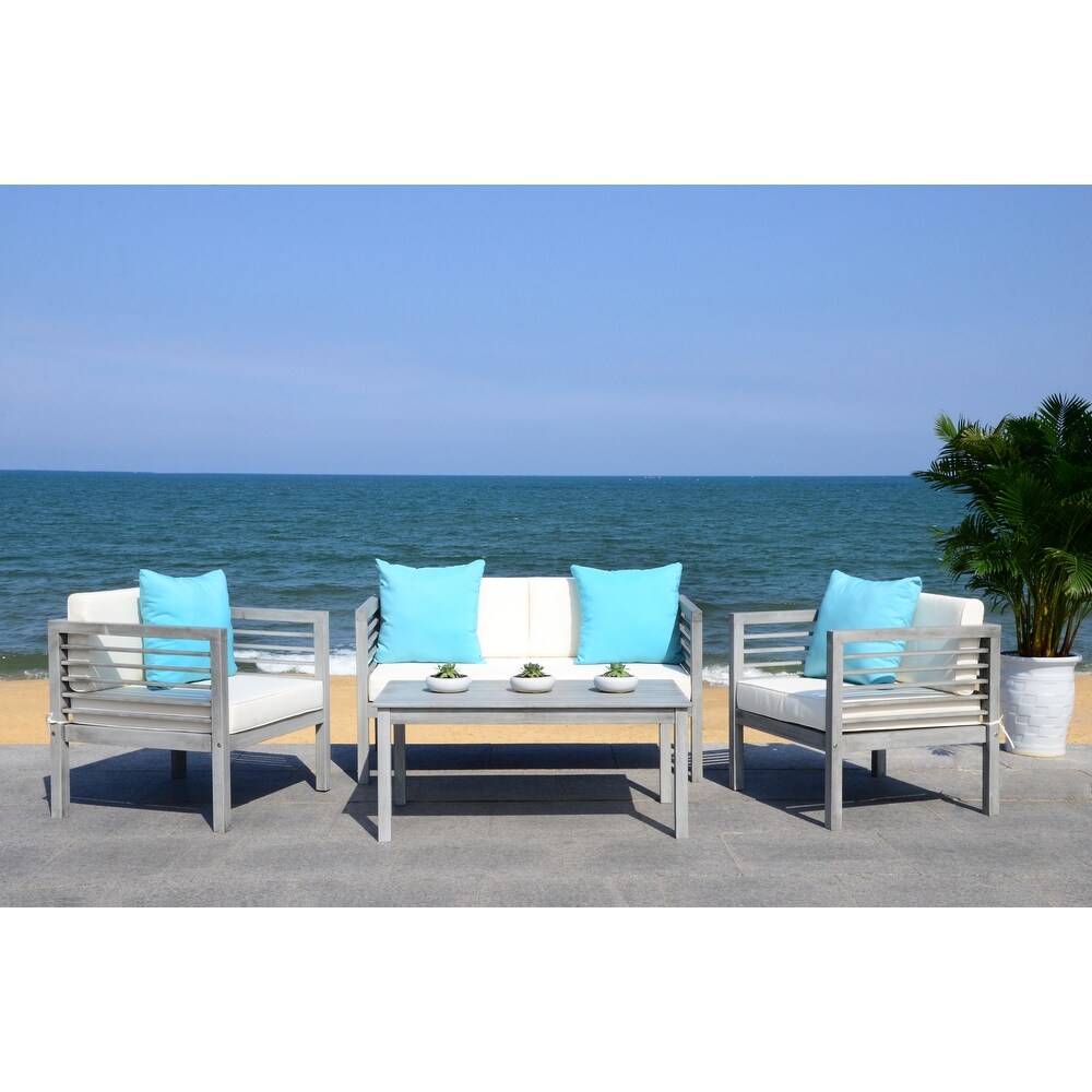 SAFAVIEH Outdoor Living Alda Grey Wash/White/Light Blue 4 Pc Set With Accent Pillows